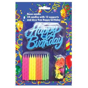 Sviečky na tortu 24 ks neónové s nápisom Happy Birthday