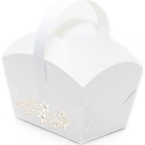 Svatební košíček na cukroví bílý perleťový (10 x 6,7 x 8 cm)