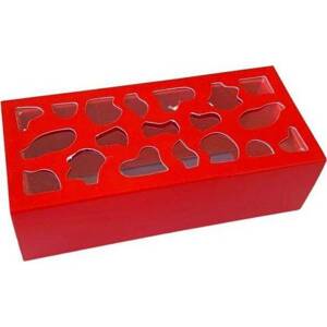 Krabička na makronky červená se zdobeným okénkem 13 x 6 x 4 cm (na 4 kusy)